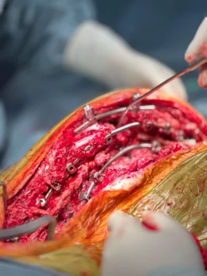 Infografia sobre hastes metálicas para escoliose: a sua utilização na cirurgia, a forma como suportam a coluna vertebral e os potenciais efeitos a longo prazo.